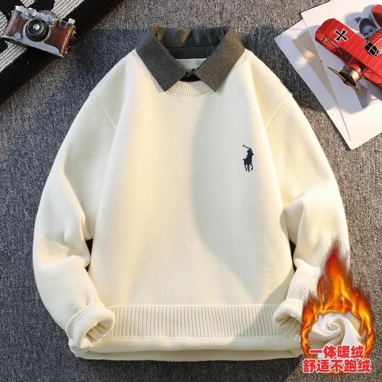 一体绒毛衣男冬季2025新款加绒加厚保暖针织衫美式休闲衬衫领上衣