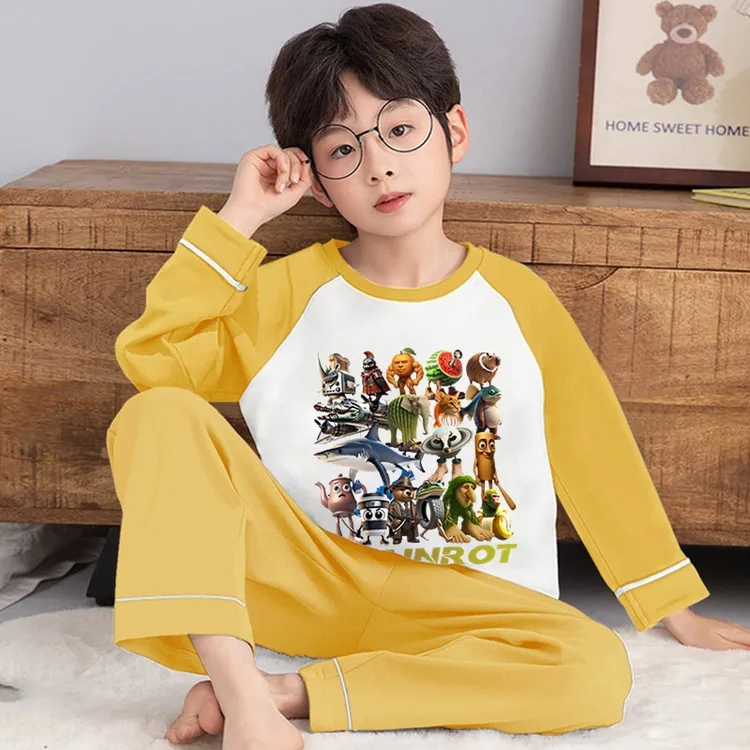 男童100%纯棉睡衣长袖儿童国外山海经秋季薄款青少年家居服亲子装