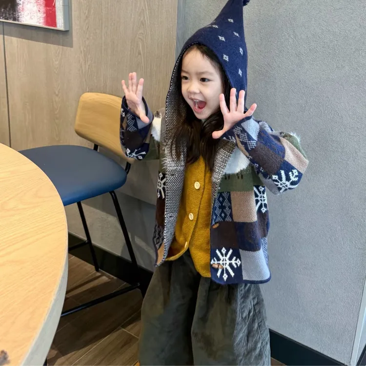 壹妈童装女童韩版秋冬新款针织开衫外套时髦黄色马甲绿色加绒裤子