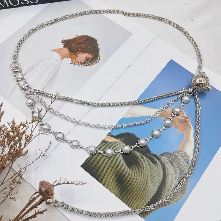 【浠儿家】时尚银色珍珠腰链配饰连衣裙百搭设计感蛇骨金属链条腰链