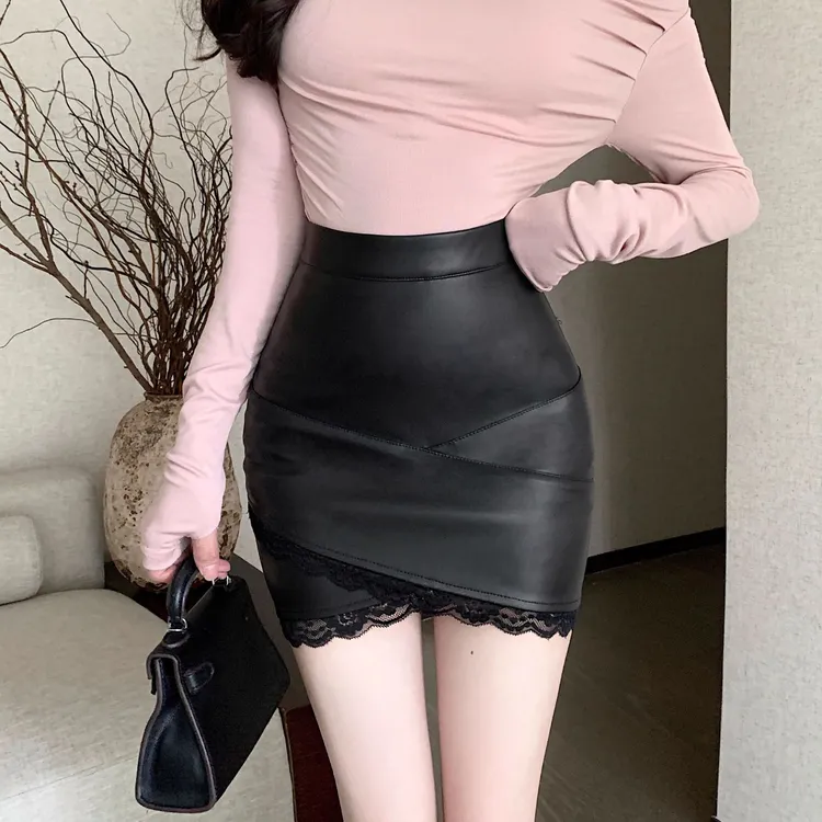 蕾丝包臀裙高腰半身裙性感皮裙秋季短裙子百搭修身显瘦网红百搭