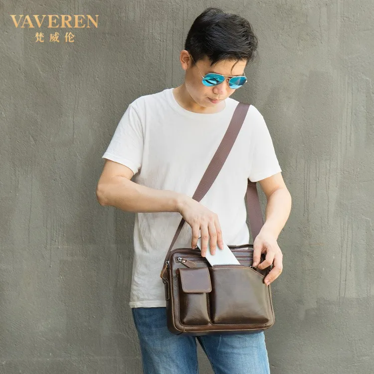 真皮斜挎包包男日系邮差包高级感油蜡牛皮男士斜挎单肩包多功能