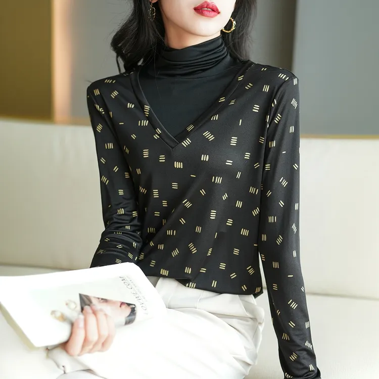 针织真丝长袖衬衫女桑蚕丝质感洋气衬衣气质显瘦衬衣春秋半高领