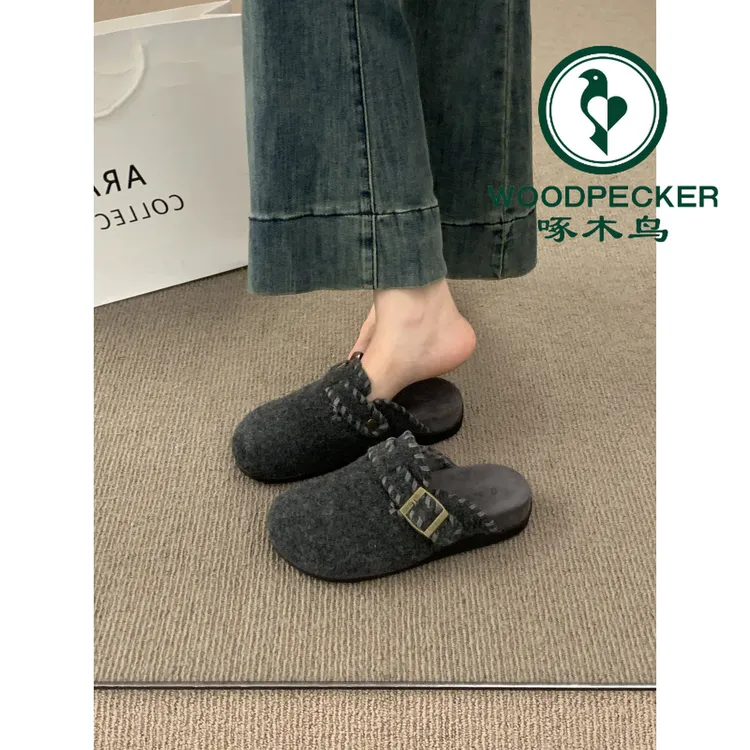 啄木鸟韩版复古晚晚风包头半拖鞋2025女外穿一脚蹬厚底毛毡勃肯鞋