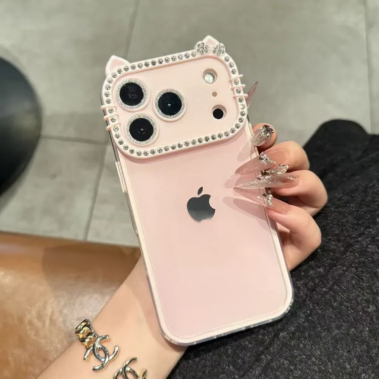 新款ins高颜值全包闪钻猫耳镜头适用苹果16promax手机壳iPhone15