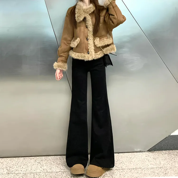 黑色微喇牛仔裤女2025年秋冬加绒弹力高腰显瘦小个子不贴腿拖地裤