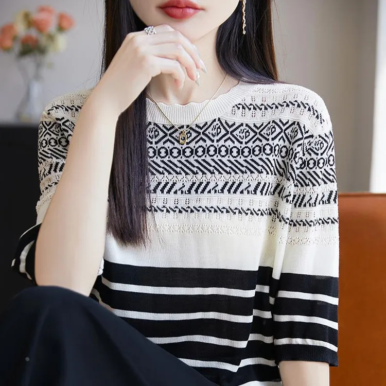 复古条纹短袖T恤女2025夏季新款撞色镂空冰丝提花针织衫薄款上衣