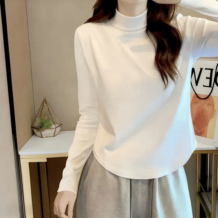 半高领德绒打底衫女秋冬圆弧下摆设计感小众纯色百搭简约保暖上衣