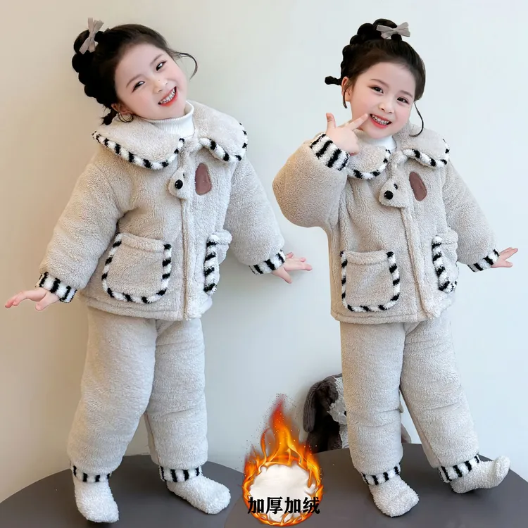 女童三层夹棉睡衣法兰绒套装女孩珊瑚绒儿童宝宝加厚加绒家居服