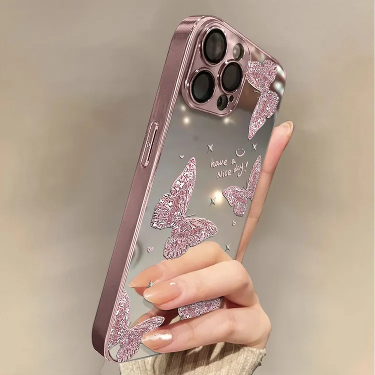 适用于苹果16promax手机壳水晶蝴蝶iphone15电镀镜面镜头全包防摔