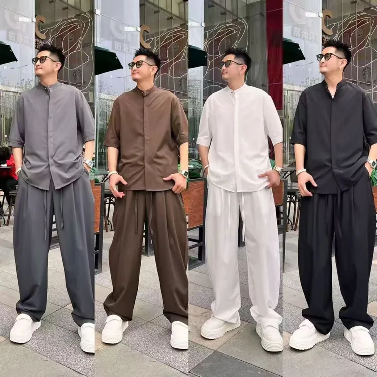 简约休闲百搭时尚潮流轻薄透气垂感纯色男士夏季短袖衬衫长裤套装