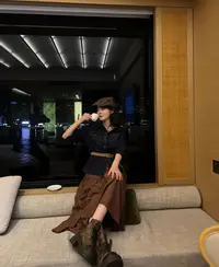 【香香严选】“秋野牧歌”琥珀流光2025秋季港风牛仔上衣棕裙DM2070