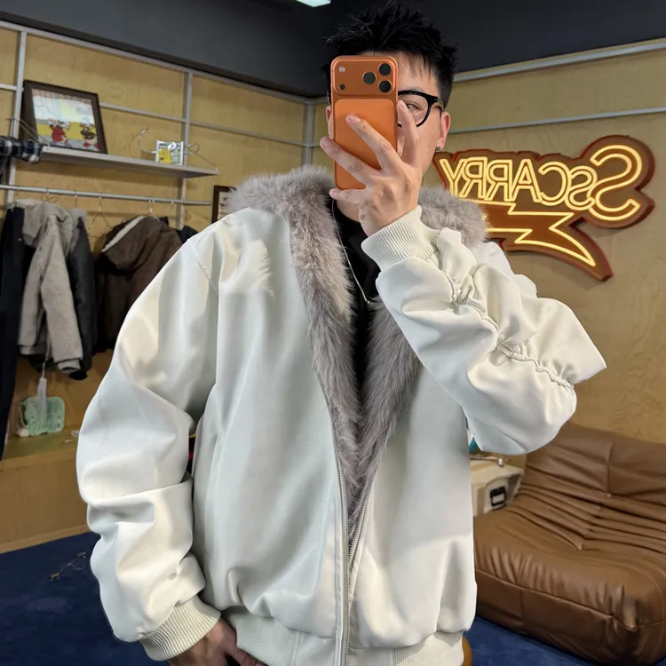 阿叔冬季美式复古擦色皮面座山雕百搭保暖连帽羽绒服外套GK-3351