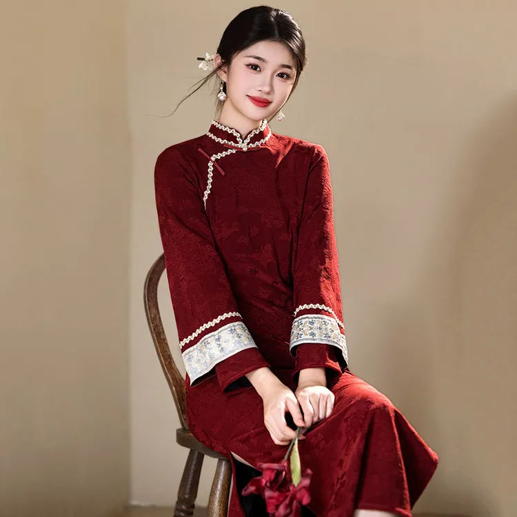 加绒拜年服国风新中式女款冬款中气质女装新款红色长款旗袍新娘