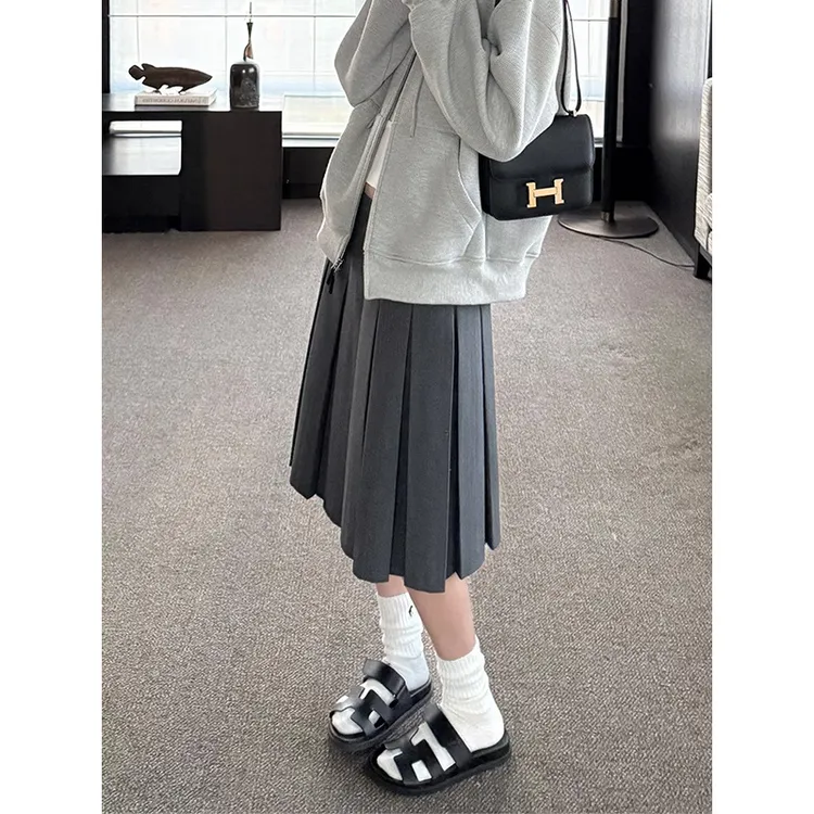 耶古学院风灰色百褶半身裙女秋冬新款显瘦高腰压褶西装a字中裙子