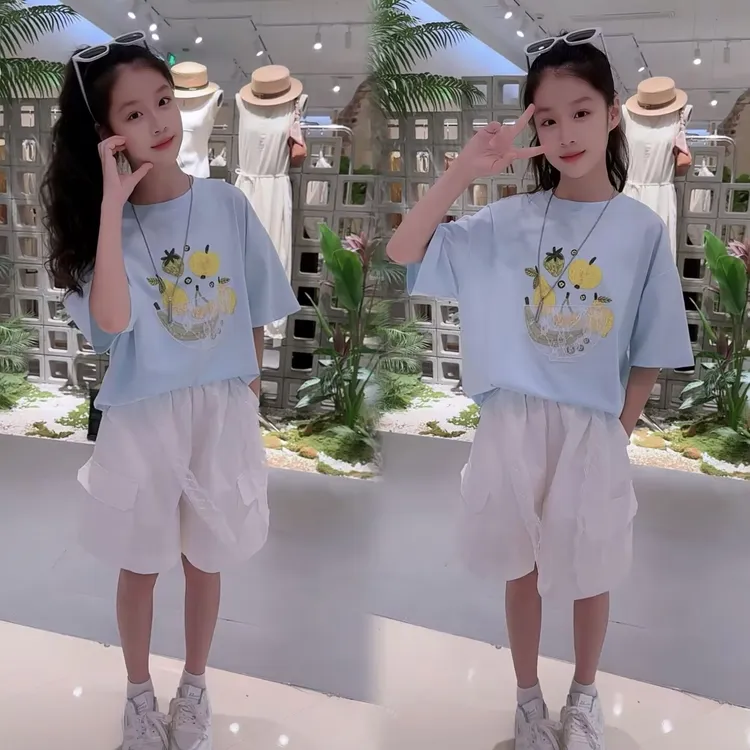 女童夏季套装儿童运动洋气休闲夏日印花短袖+短裤两件套时尚潮款9