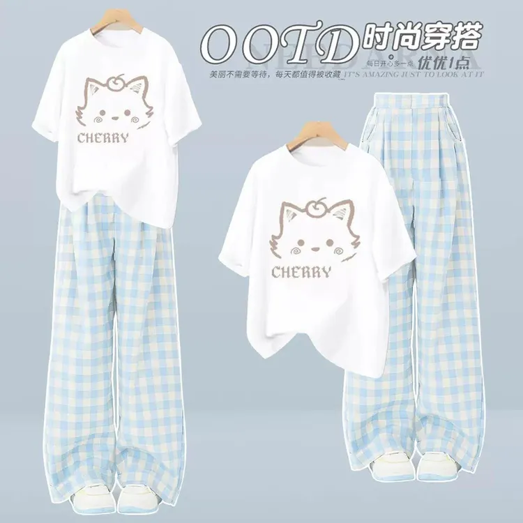 11-17岁初中学生套装女2025夏季洋气大童少女短袖T格子裤两件套装