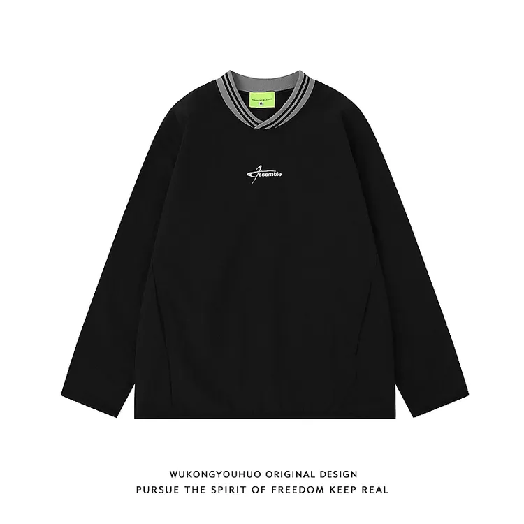 悟空有货美式复古撞色棒球领长袖T恤男潮牌秋季情侣宽松百搭上衣