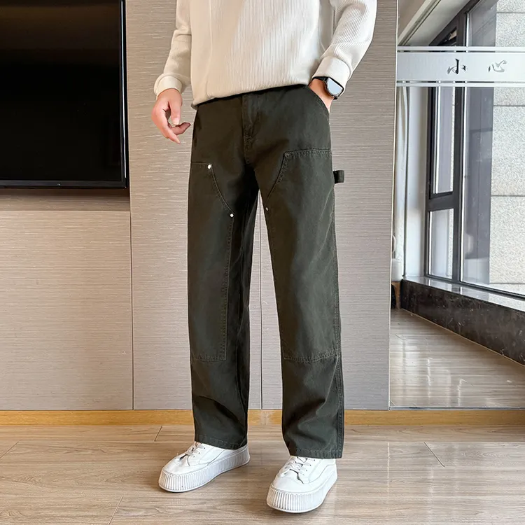 男款军绿牛仔裤百搭裤子美式复古vibe工装潮流cleanfit双膝伐木裤