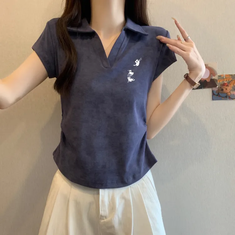 扎染POLO领正肩短袖t恤女2025新款夏季辣妹小众修身短款洋气上衣