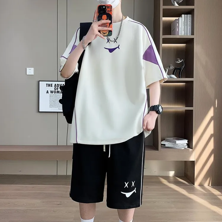 青少年冰丝短袖t恤男孩套装高中初中生帅气夏装大童休闲运动衣服