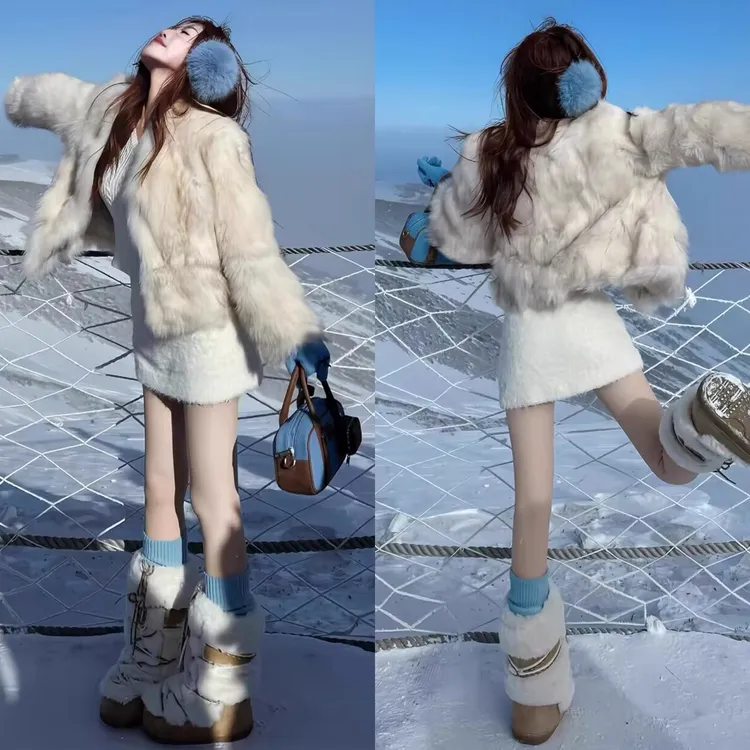 白色羊羔毛半身裙女冬季2026新款高腰显瘦小个子加厚a字包臀短裙