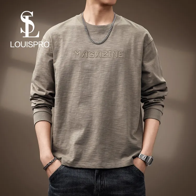 高端日系复古字母刺绣长袖T恤男春季宽松休闲纯棉打底衫