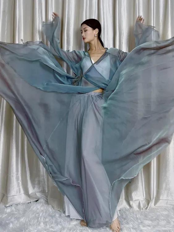 古典舞青蛇交叉领系带青绿色中国风飘逸舞纱衣大摆裙