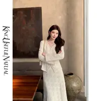 KUN【花神】美感浮雕 立体提花银白亮片钉珠上衣半裙显瘦秋冬套装