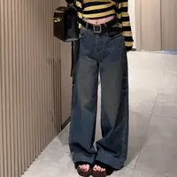 【CCDZ】早秋新品时尚百搭显瘦水洗复古高腰牛仔裤阔腿裤女