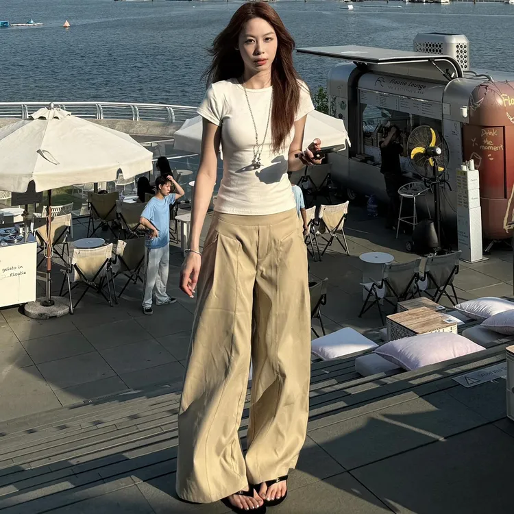 卡其色工装阔腿裤女夏季薄款高腰百搭垂坠感拖地裤宽松显瘦直筒裤