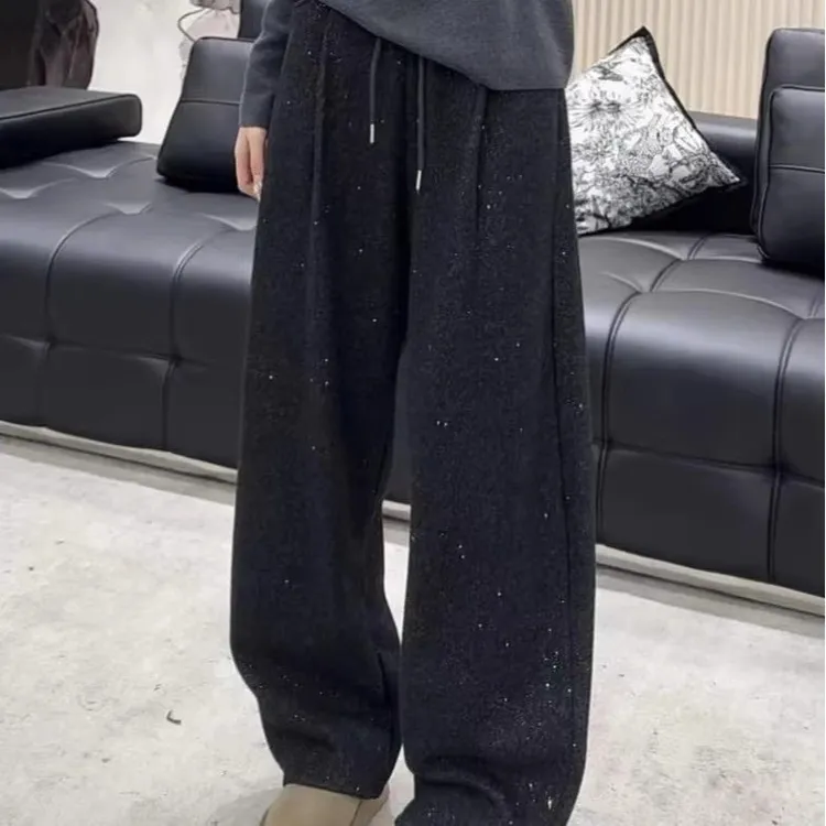 【银河】撒银工艺冬手加绒加厚高腰抽绳显瘦意刀裤