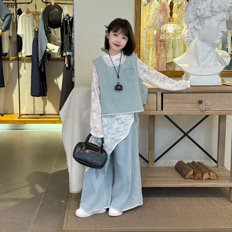 复古叠穿牛仔马甲阔腿裤不规则蕾丝裙女童2025春秋新款时尚套装潮