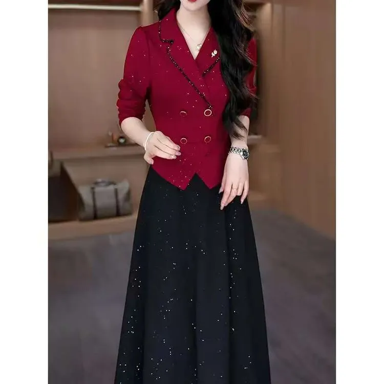 2025年新款女装春秋季高档时尚修身显瘦气质长袖法式假两件连衣裙