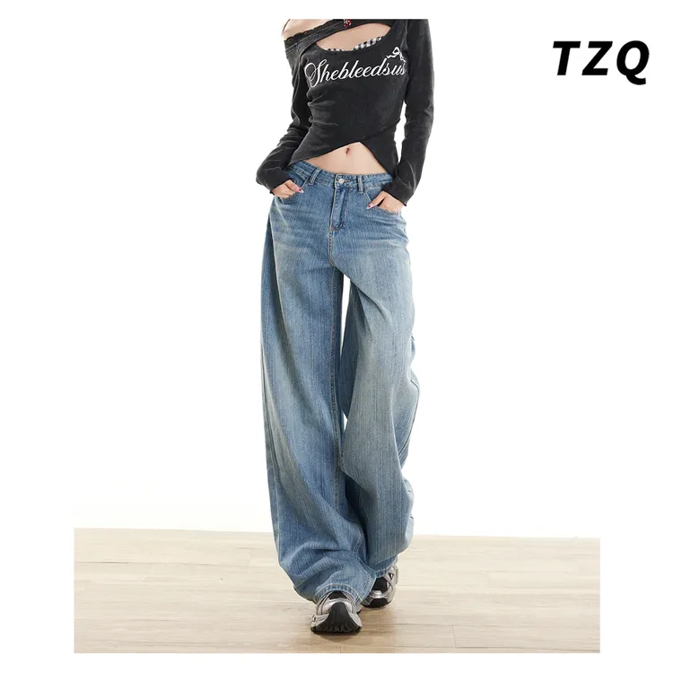复古水洗竹节纹牛仔裤女秋季新款美式直筒阔腿休闲长裤TZQ2582552