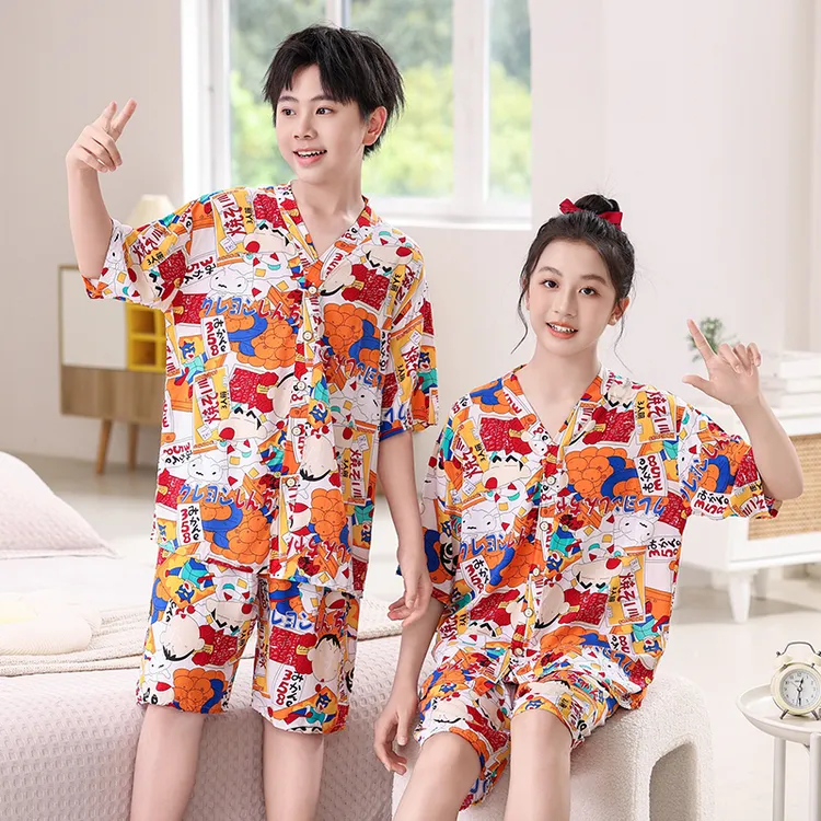 夏季儿童睡衣薄款棉绸空调服短袖男童短裤宝绵绸中大童家居服套装