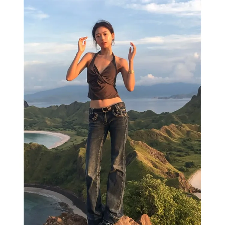 2025夏季新款修身显瘦穿搭性感露背挂脖上衣休闲简约时尚直筒长裤