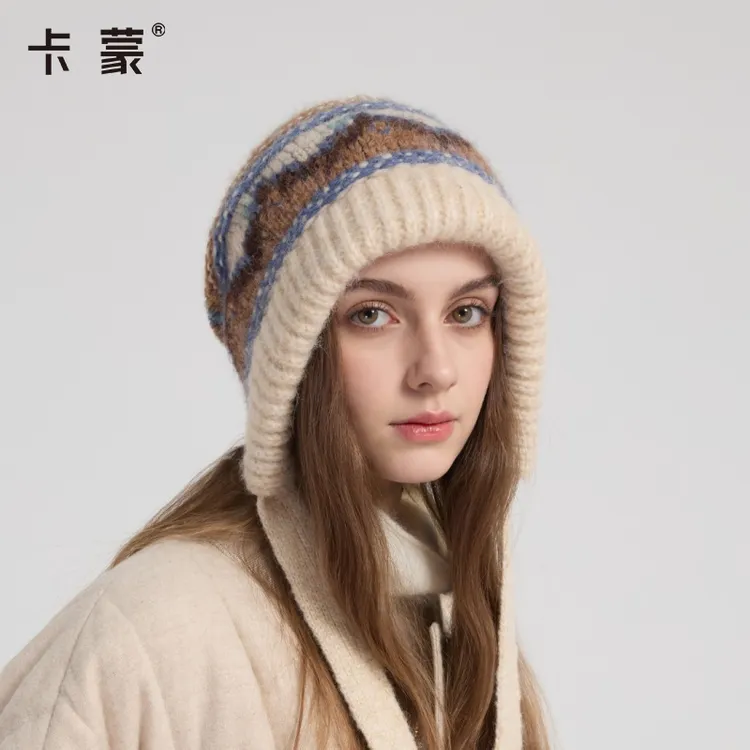 【双双专属】kenmont/卡蒙 防寒绒帽秋冬复古费尔岛提花针织冬天套头帽