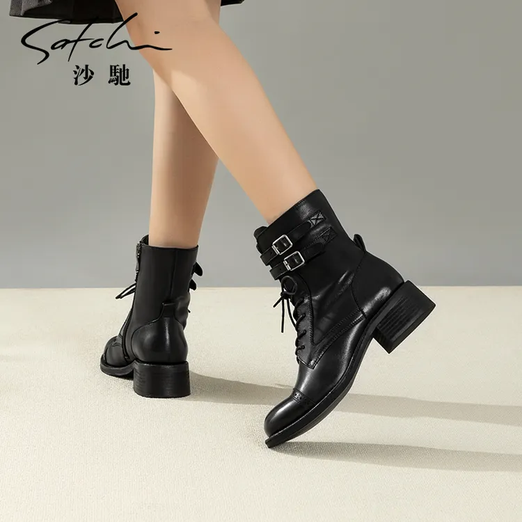 沙驰女鞋真皮牛皮西部骑士靴短靴女2025秋冬新款厚底短筒马丁靴子