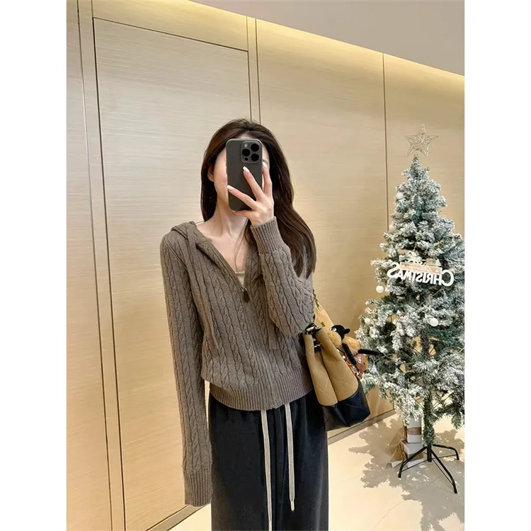 【同款性价比】连帽修身毛衣外套秋冬季新款针织开衫秋冬显瘦上衣女