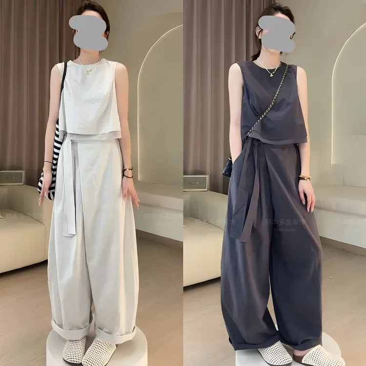 2025夏季新款韩版简约设计感无袖上衣宽松显瘦休闲阔腿裤时尚套装