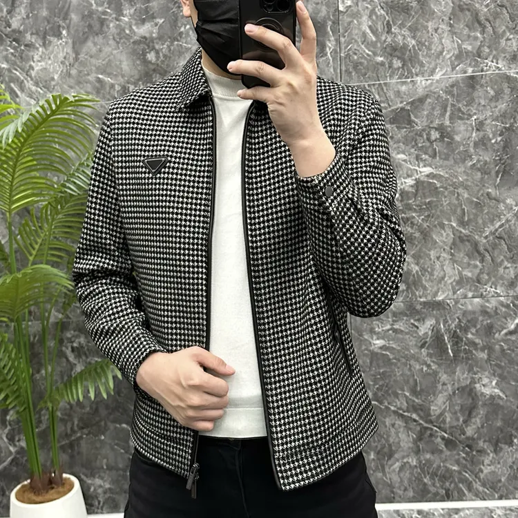 2025春秋季新款男士夹克外套时尚百搭休闲千鸟格翻领修身长袖上衣