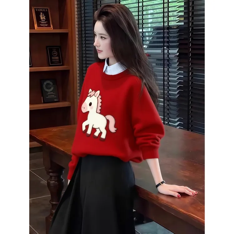 白色小马红色毛衣女款2025新款冬季新年战袍穿搭本命年马年衣服