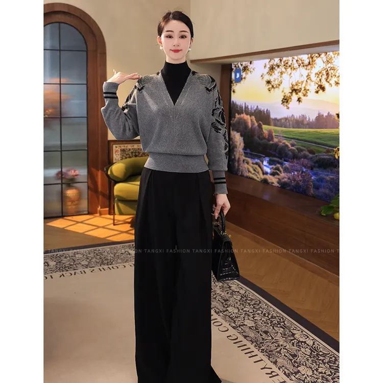 2025秋冬爆款【ZM-1023JR】含绵羊毛法式慵懒风撞色灰色针织毛衣女