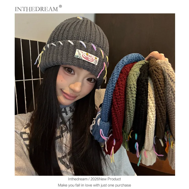 韩国手工缝线针织帽女秋冬季美式街头个性简约保暖护耳毛线帽冷帽