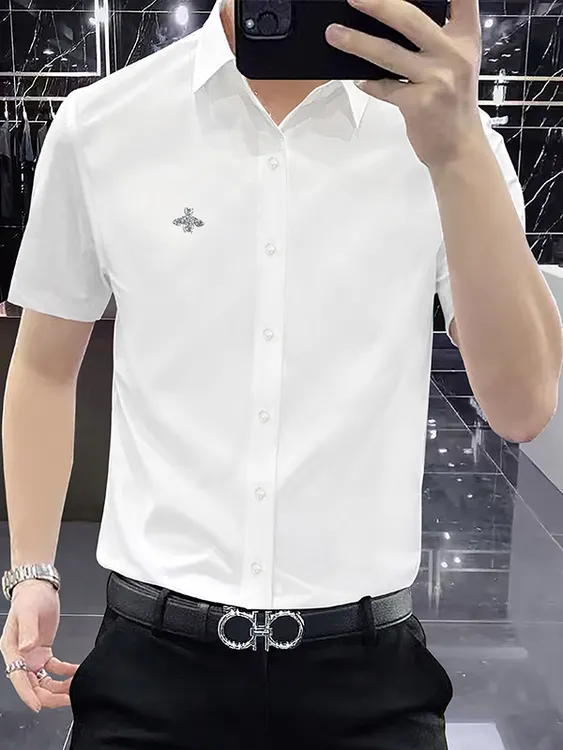 2025夏季新款男士弹力短袖衬衫冰丝烫钻丝滑高级感白衬衣休闲修身