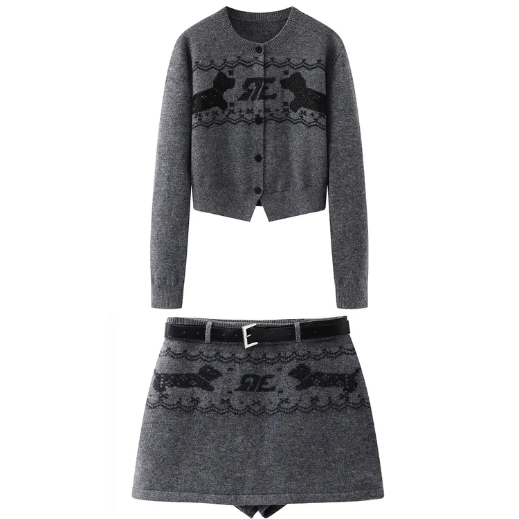 秋冬小狗图案钉珠灰色针织衫开衫腰带半身裙针织裙短裙套装女士