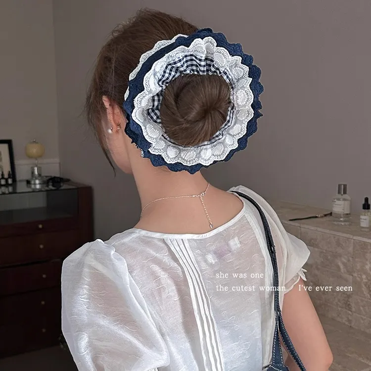 藏青格纹爱心花边双层大肠发圈女超大号皮筋扎头发绳丸子头绳头花