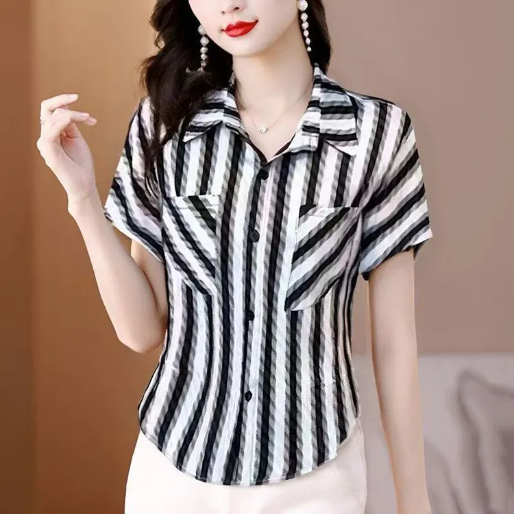 时尚条纹短袖衬衣女2025夏季新款洋气减龄宽松显瘦百搭休闲衬衫薄