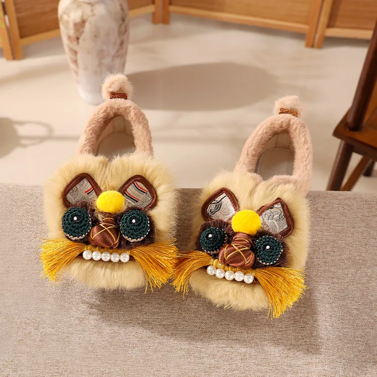 原创秋冬软底国风真毛虎头鞋成人女绣花鞋非遗手工汉服鞋软底舒适